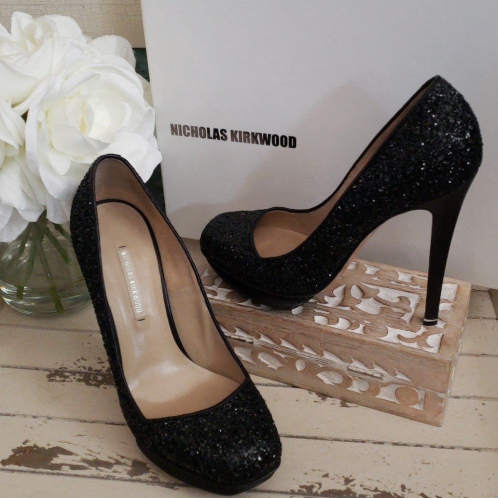 NICHOLAS KIRKWOOD TESS BLACK GLITTER  HEELS SIZE 6